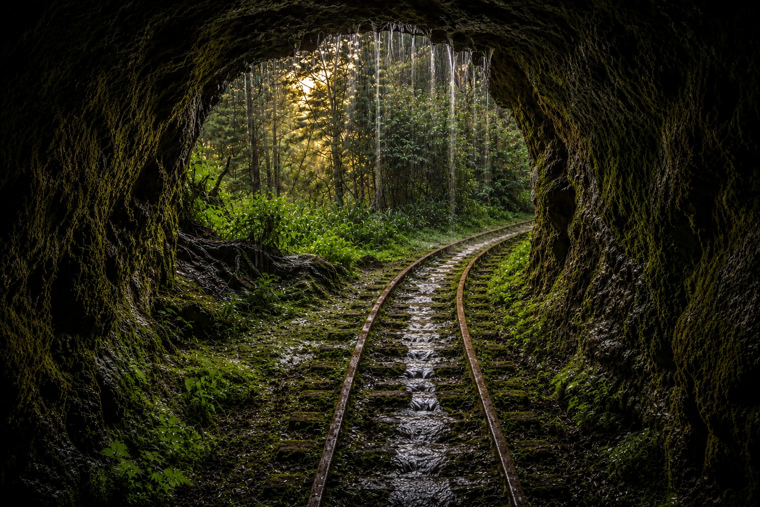 View from inside a mossy, dark cave looking out onto a lush green forest with railway tracks curving away