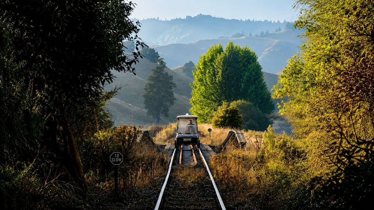 Rail cart heading into hillside country on overgrown tracks