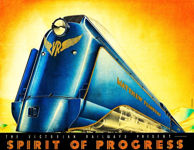 Vintage Victorian Railways 'Spirit of Progress' poster featuring the Matthew Flinders locomotive
