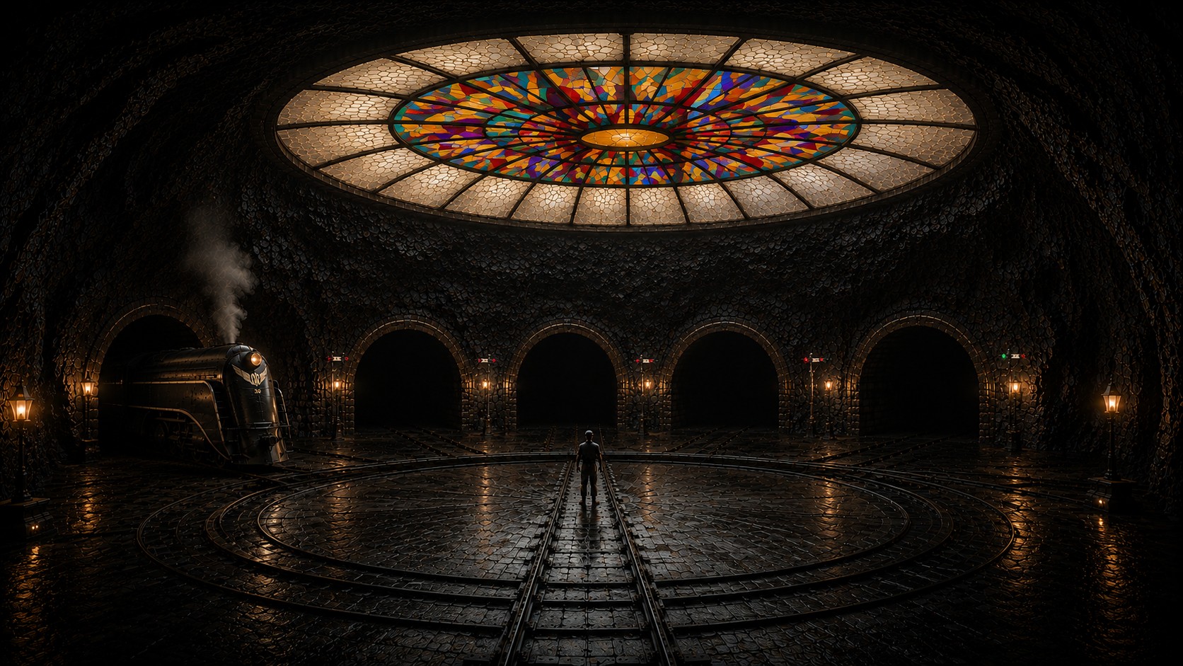 Dark, circular underground train station with a colourful stained-glass ceiling and a lone figure standing on the tracks