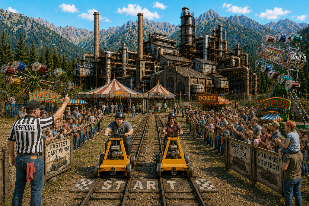 Crowd gathered at the START line for a rail cart race