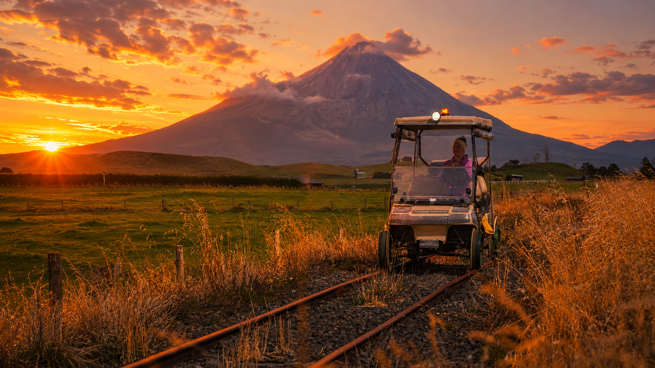 Rail cart on tracks with a volcanic mountain silhouetted at sunset
